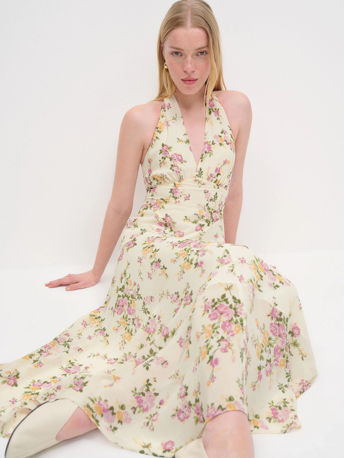 Cream Halter Chiffon Sleeveless Midi Prom Dress - Chloe Dress