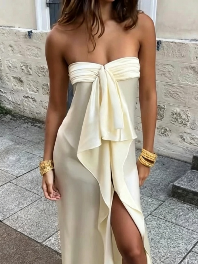 Cream Strapless Satin High Slit Floor-Length Evening Dress - Chloe Dress