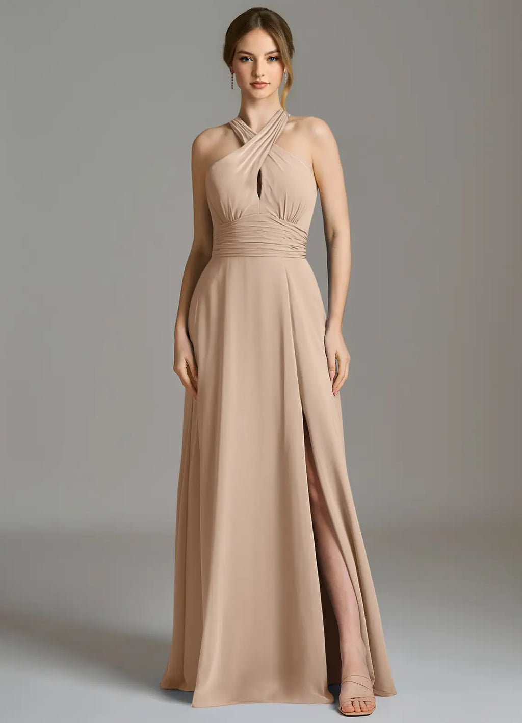 Halter Chiffon High Slit Floor-Length Wedding Gown - Chloe Dress