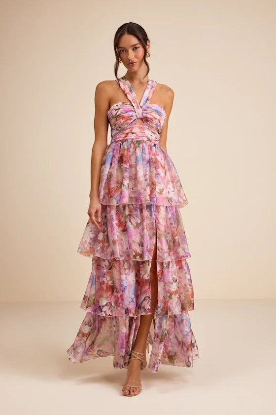 Pink A-Line Halter Chiffon Sleeveless High Slit Floor-Length Prom Dress - Chloe Dress
