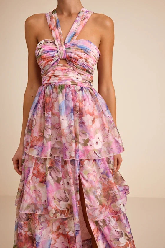 Pink A-Line Halter Chiffon Sleeveless High Slit Floor-Length Prom Dress - Chloe Dress