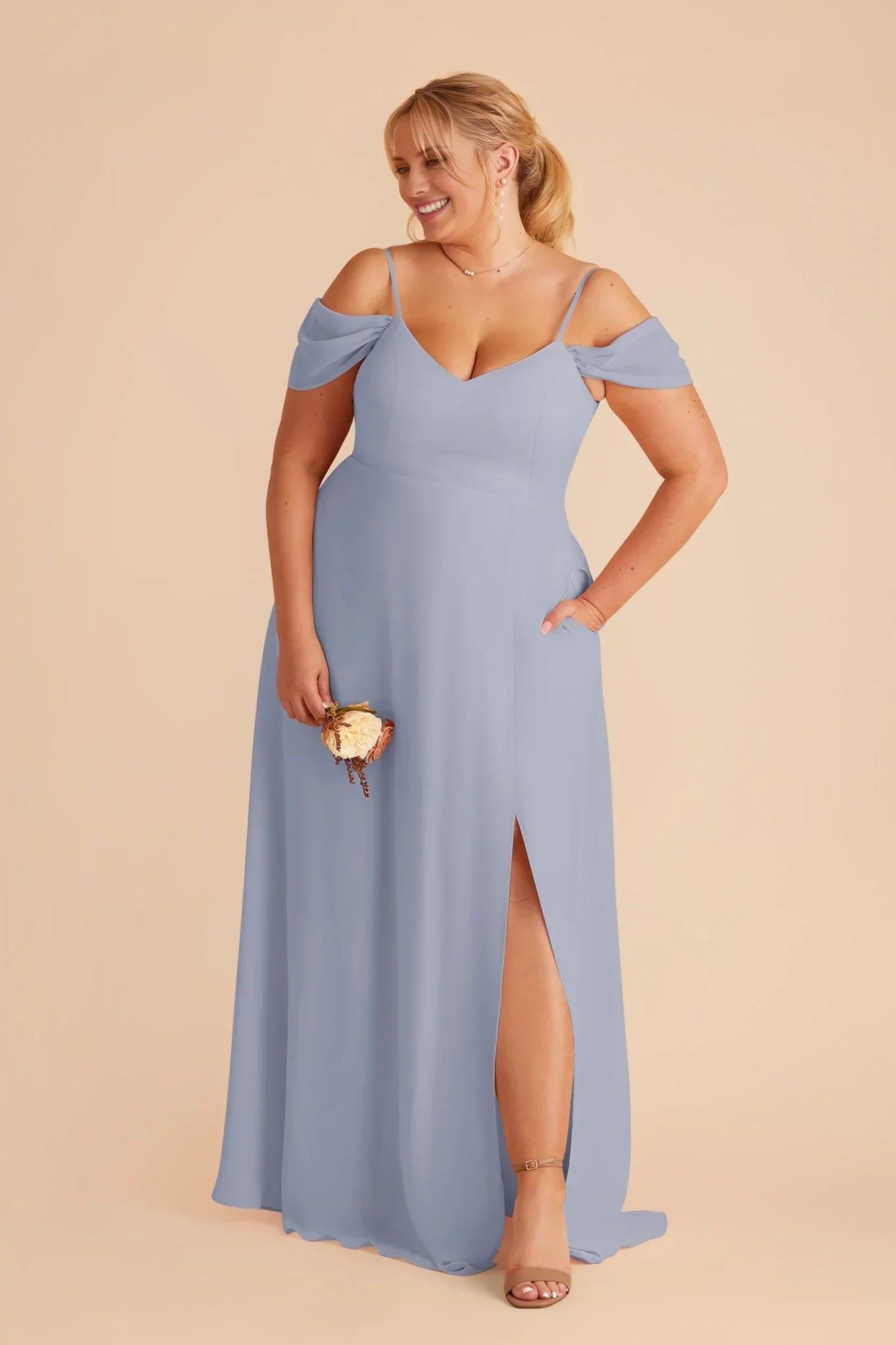 Blue V-Neck Chiffon High Slit Floor-Length Wedding Dress - Chloe Dress