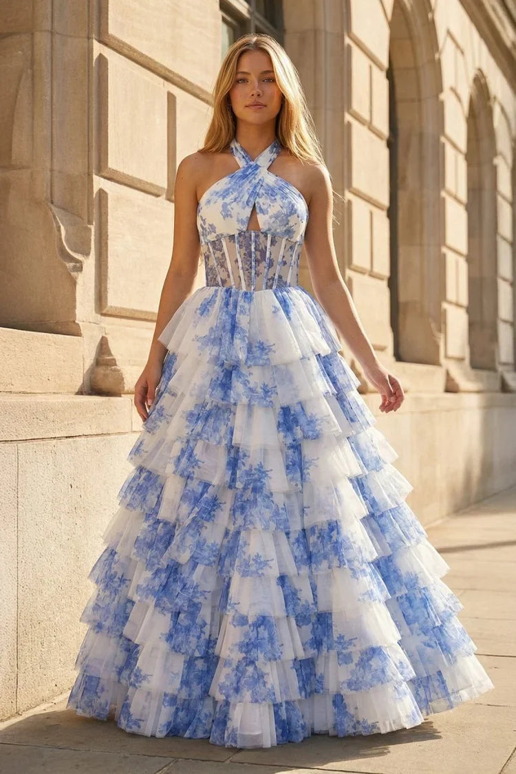 Ball Gown Halter Lace Sleeveless Ruffled Prom Gown - Chloe Dress