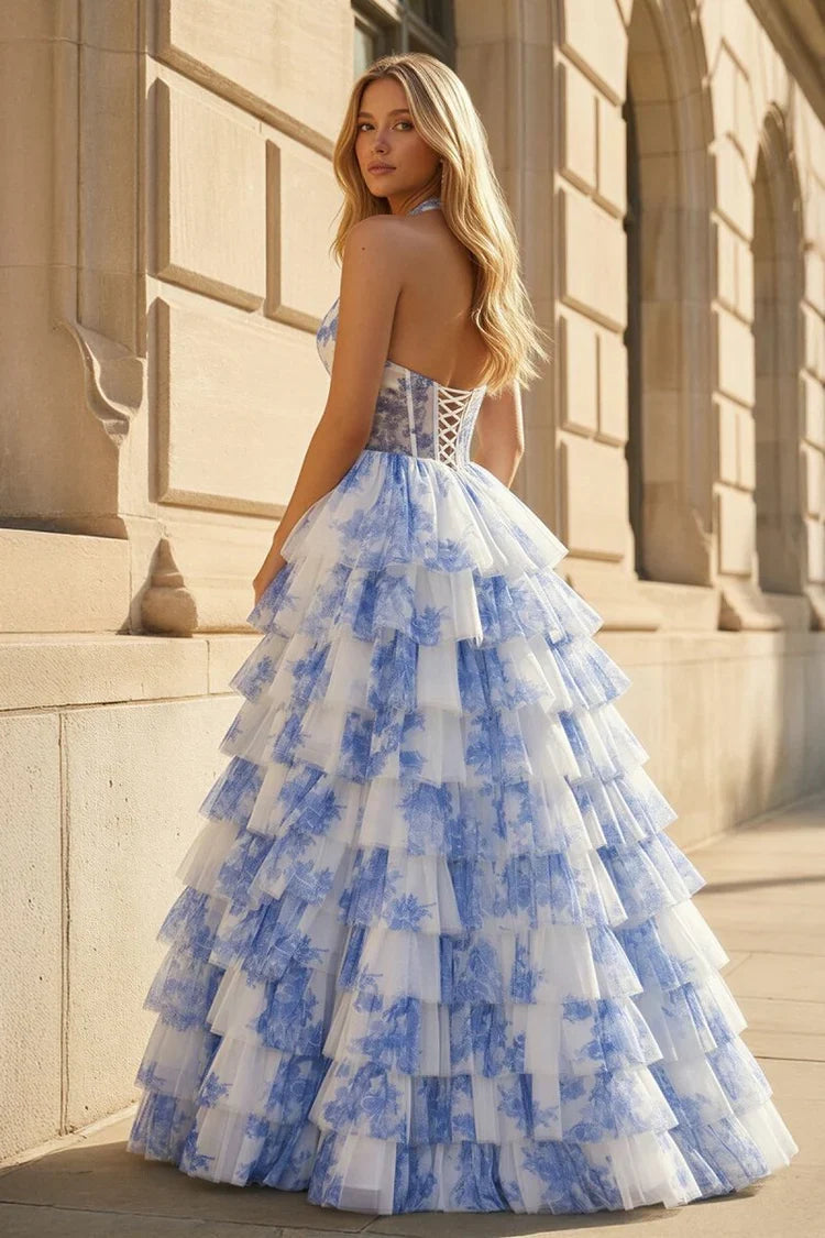 Ball Gown Halter Lace Sleeveless Ruffled Prom Gown - Chloe Dress