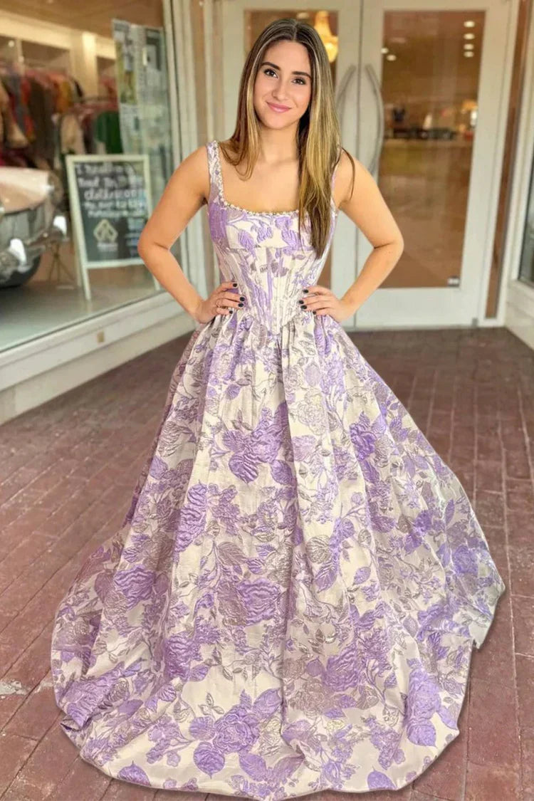 Ball Gown Square Neck Lace Sleeveless Prom Gown - Chloe Dress