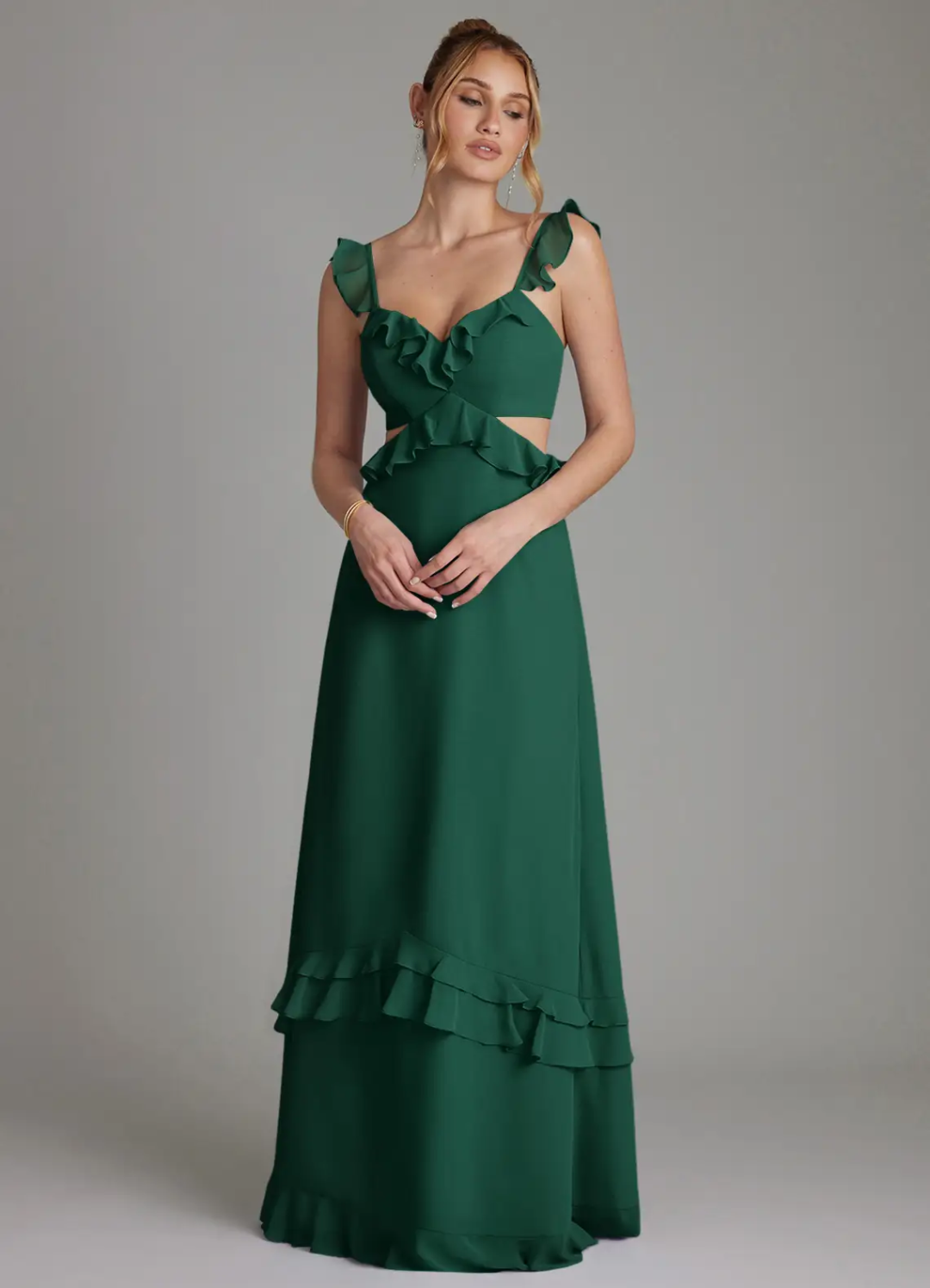 A-Line V-Neck Lace Ruffled Floor-Length Wedding Dress - Chloe Dress