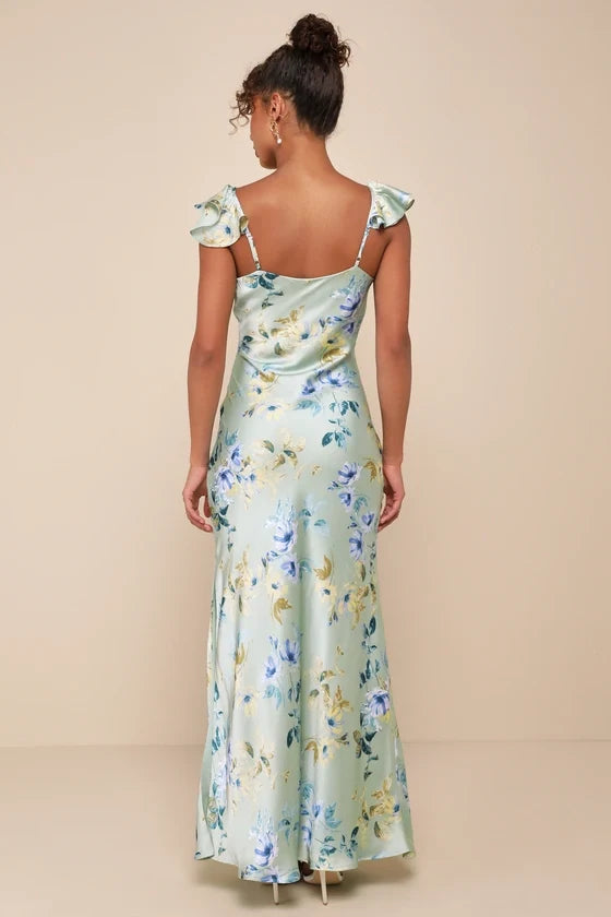 A-Line V-Neck Satin Ruffled Prom Dress - Chloe Dress