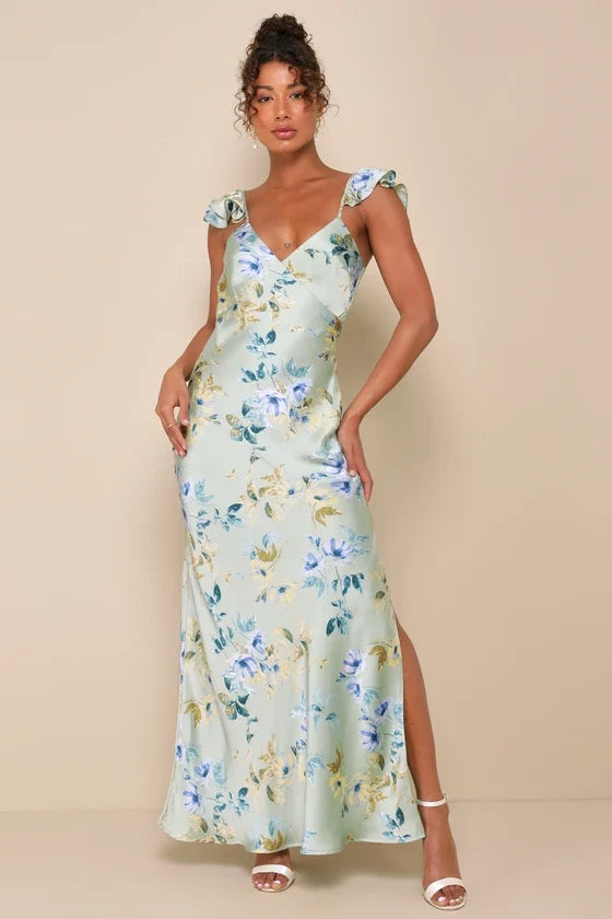 A-Line V-Neck Satin Ruffled Prom Dress - Chloe Dress