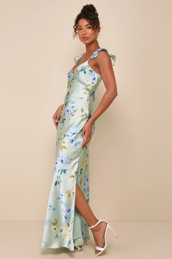 A-Line V-Neck Satin Ruffled Prom Dress - Chloe Dress
