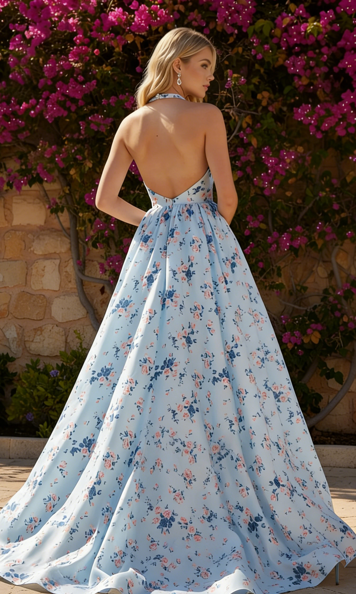 Light Blue A-Line Halter Satin Open Back Floor-Length Prom Dress - Chloe Dress