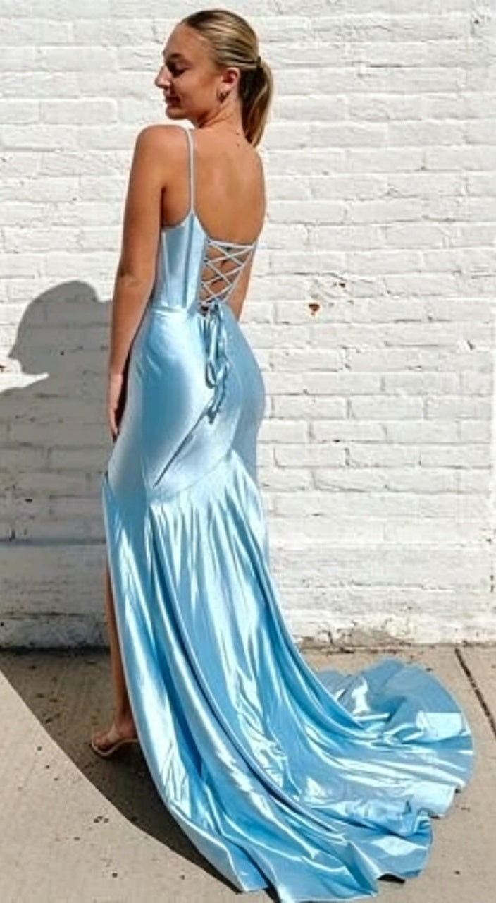 Light Blue Mermaid Sweetheart Lace High Slit Evening Dress - Chloe Dress