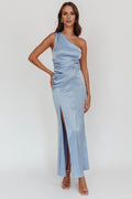 Light Blue One-Shoulder Satin Sleeveless Backless High Slit Floor-Length Prom Dress - Chloe Dress