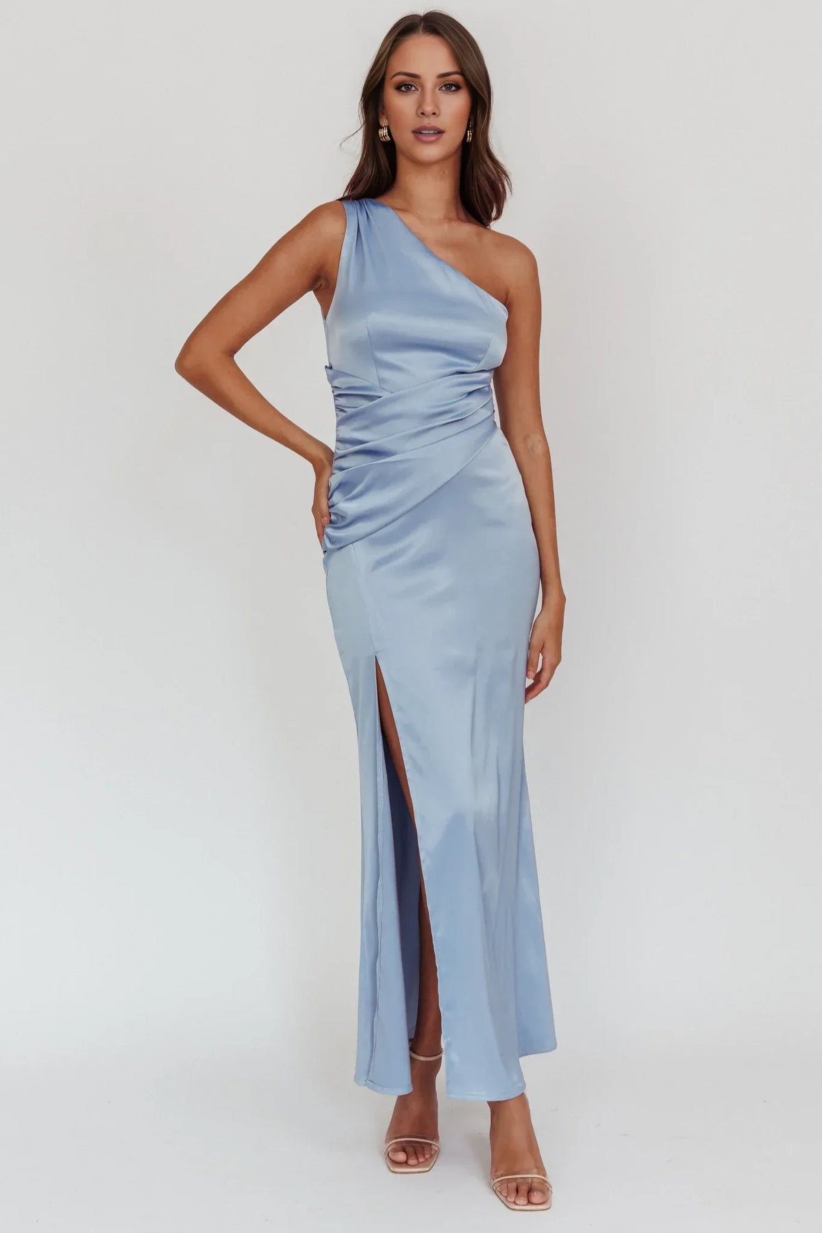 Light Blue One-Shoulder Satin Sleeveless Backless High Slit Floor-Length Prom Dress - Chloe Dress