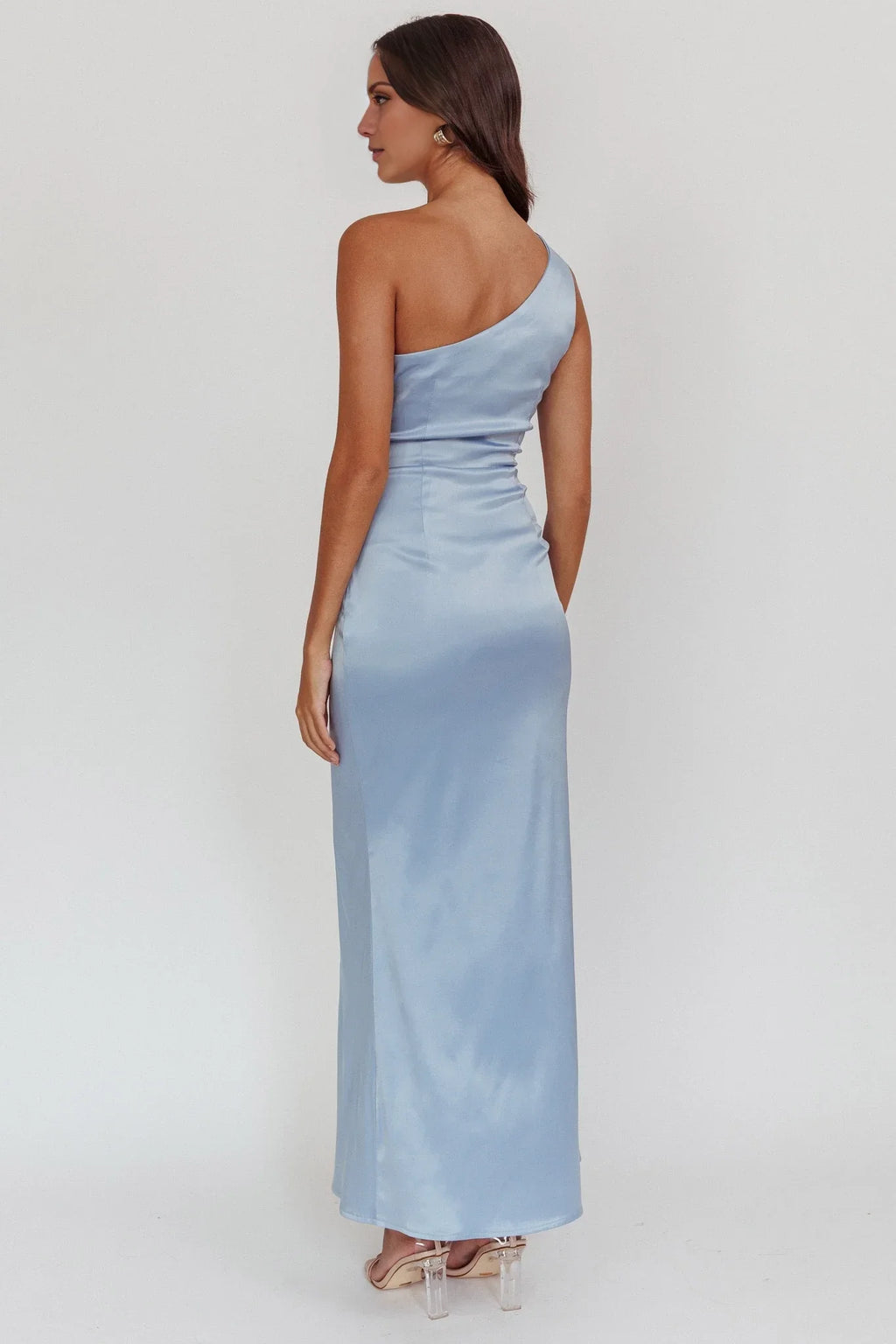 Light Blue One-Shoulder Satin Sleeveless Backless High Slit Floor-Length Prom Dress - Chloe Dress