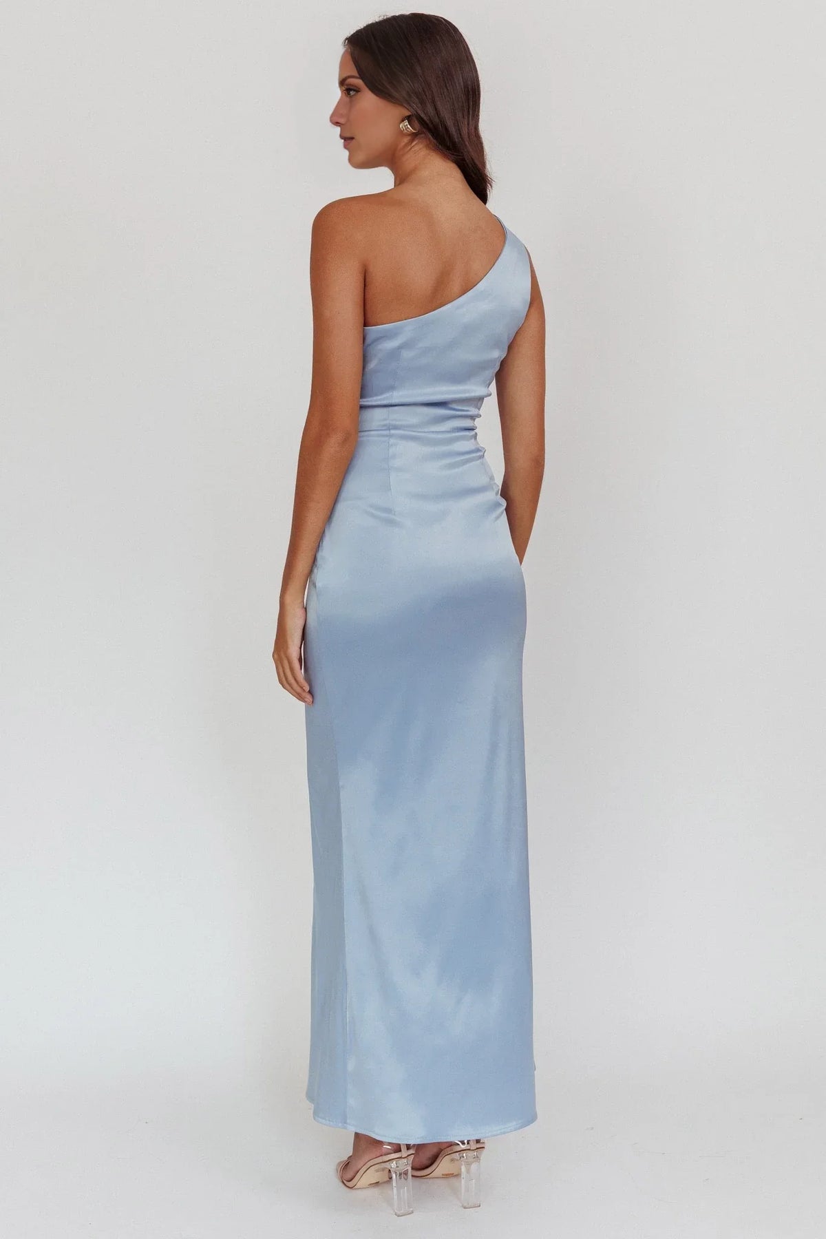 Light Blue One-Shoulder Satin Sleeveless Backless High Slit Floor-Length Prom Dress - Chloe Dress