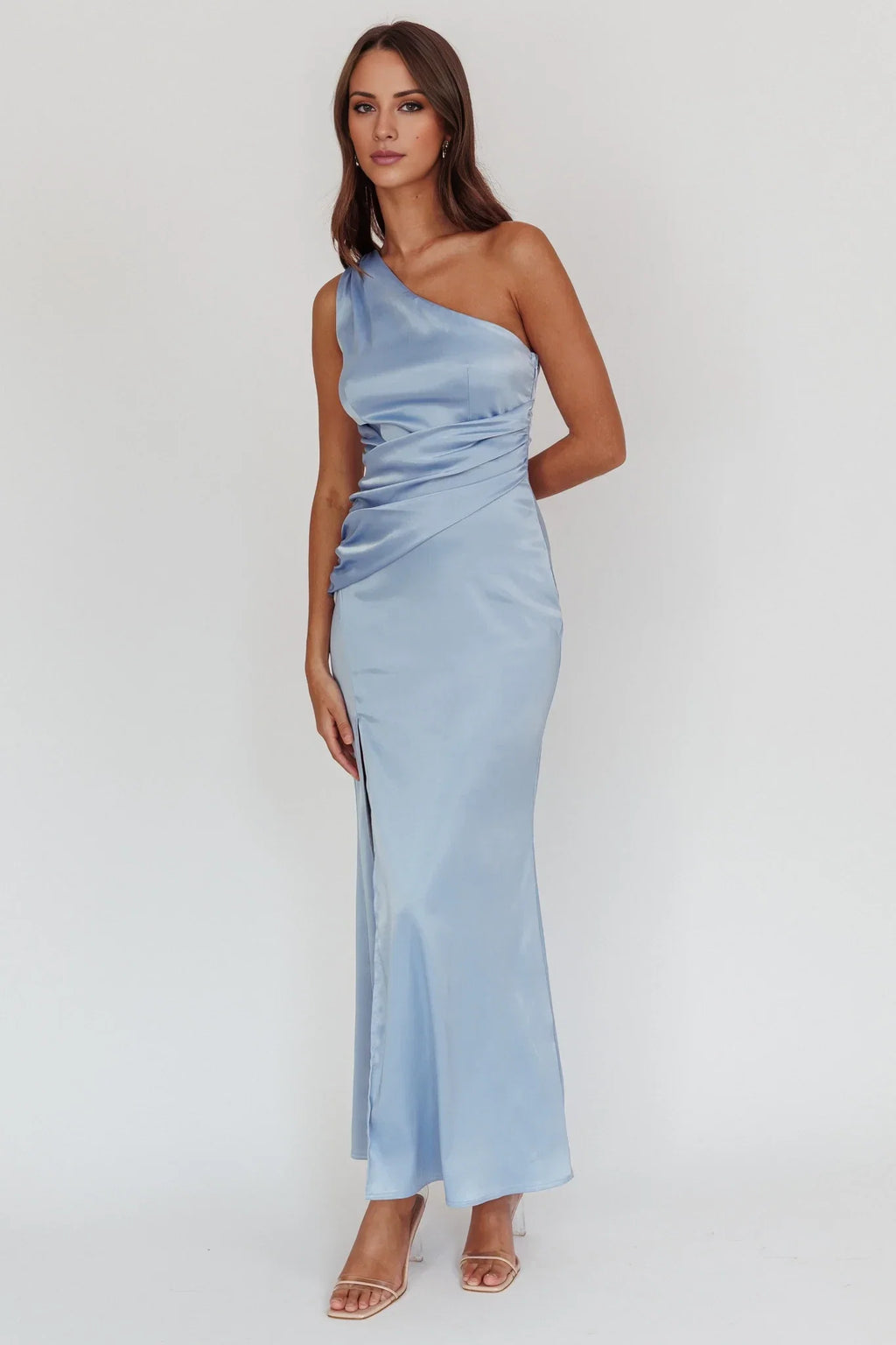 Light Blue One-Shoulder Satin Sleeveless Backless High Slit Floor-Length Prom Dress - Chloe Dress
