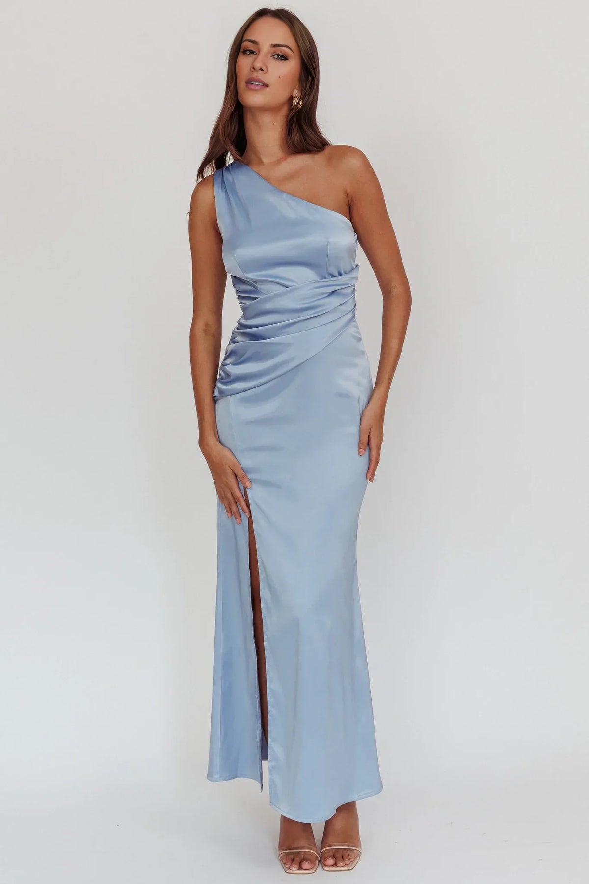 Light Blue One-Shoulder Satin Sleeveless Backless High Slit Floor-Length Prom Dress - Chloe Dress