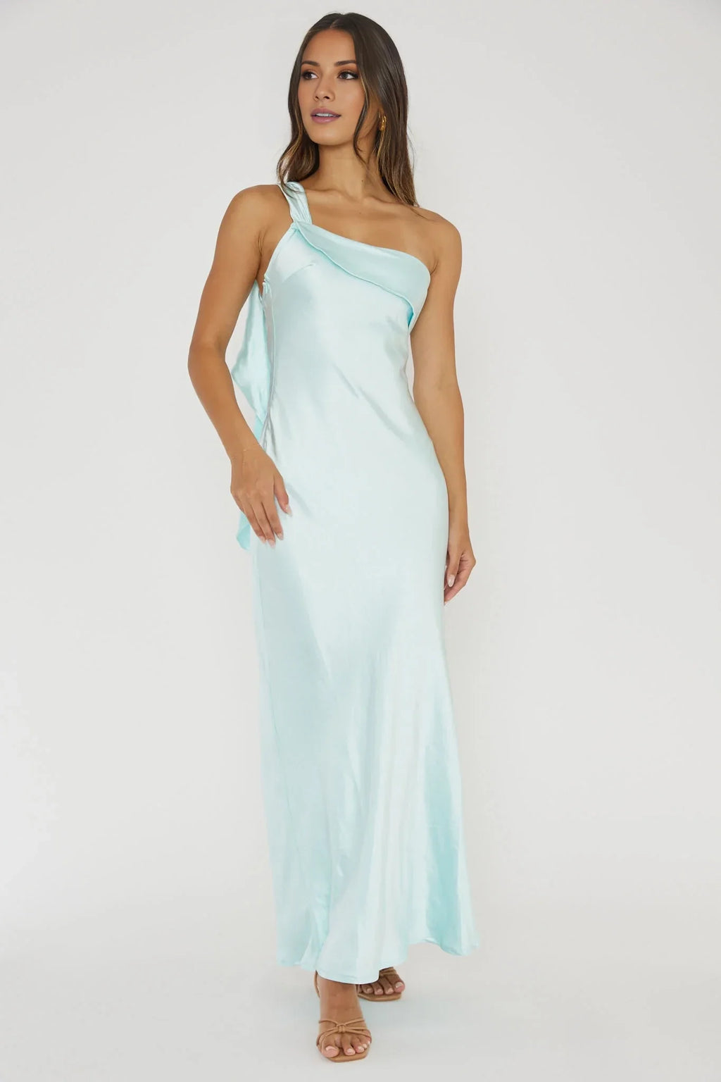 Light Blue One-Shoulder Satin Sleeveless Open Back Ruffled Floor-Length Prom Dress - Chloe Dress