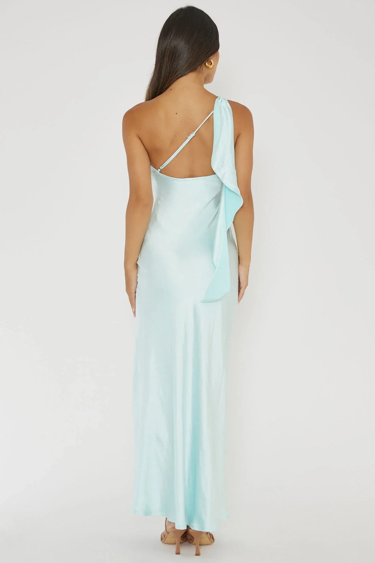 Light Blue One-Shoulder Satin Sleeveless Open Back Ruffled Floor-Length Prom Dress - Chloe Dress