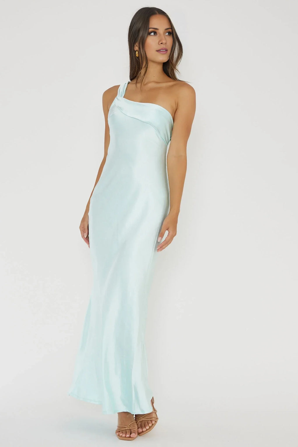 Light Blue One-Shoulder Satin Sleeveless Open Back Ruffled Floor-Length Prom Dress - Chloe Dress