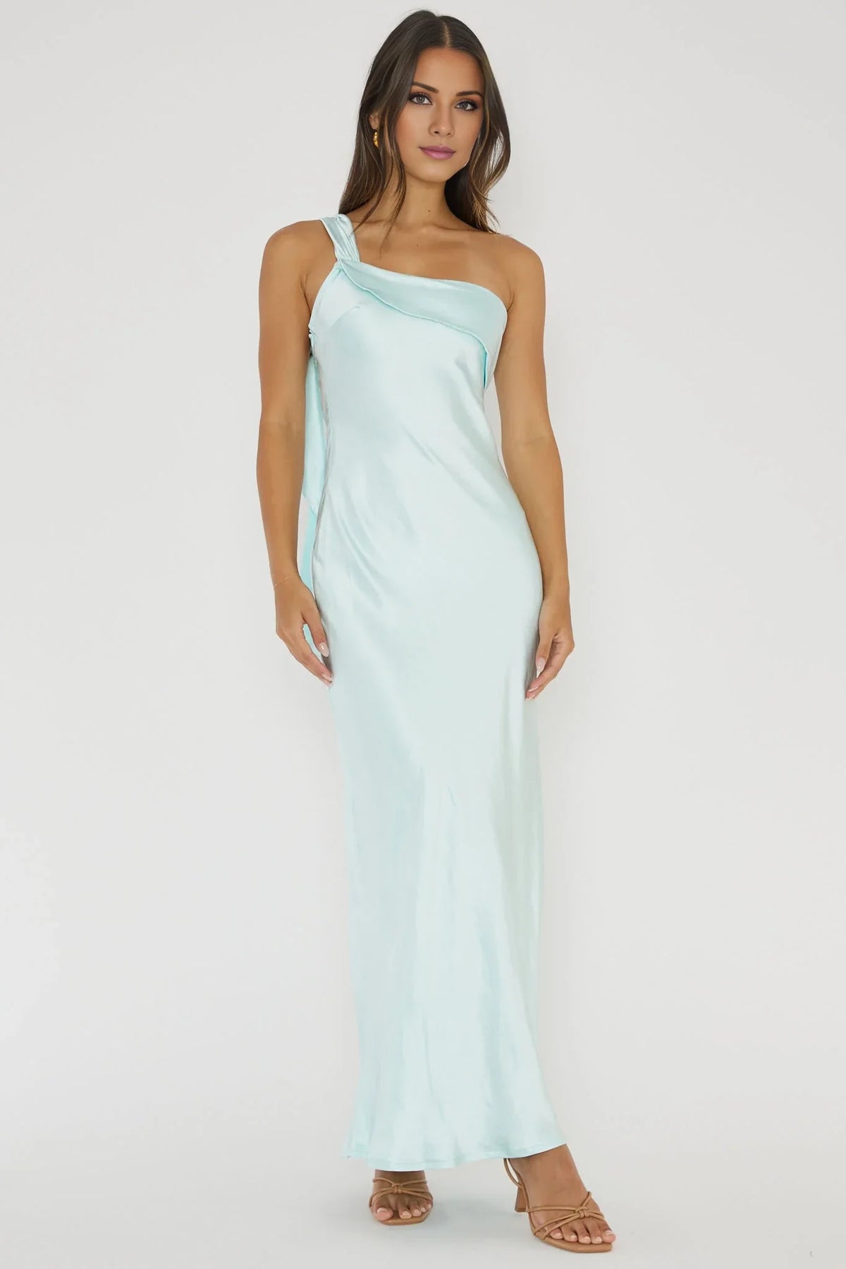 Light Blue One-Shoulder Satin Sleeveless Open Back Ruffled Floor-Length Prom Dress - Chloe Dress