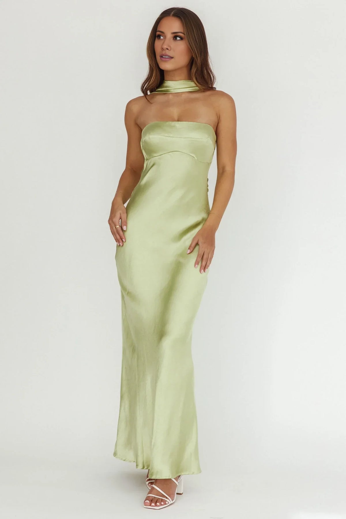 Green Strapless Satin Sleeveless Floor-Length Prom Dress - Chloe Dress