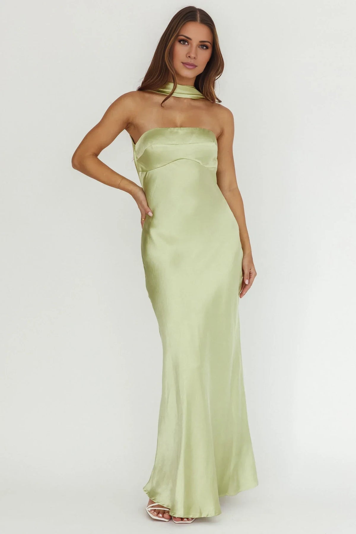 Green Strapless Satin Sleeveless Floor-Length Prom Dress - Chloe Dress