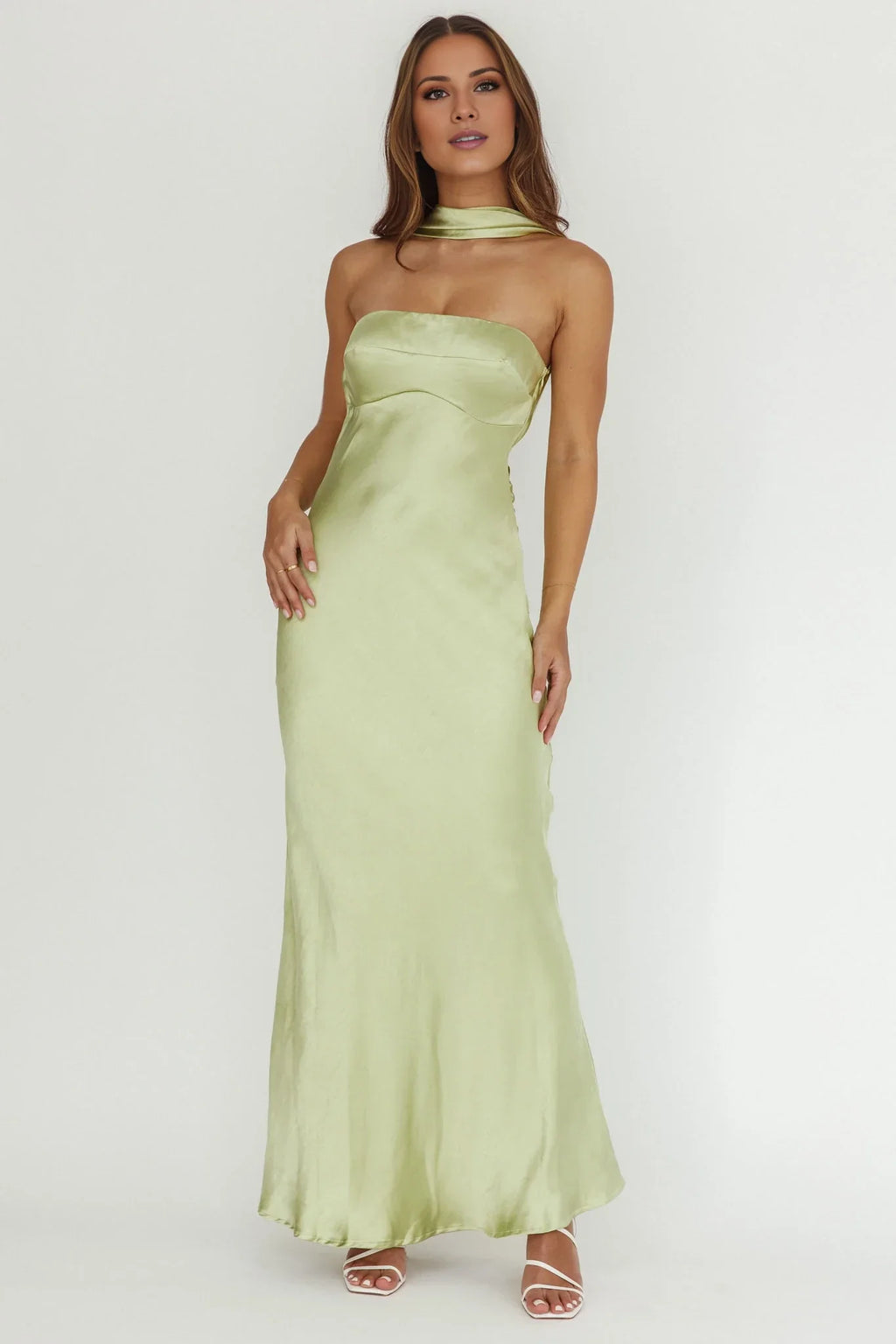 Green Strapless Satin Sleeveless Floor-Length Prom Dress - Chloe Dress