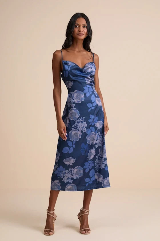 Blue A-Line Spaghetti Strap Satin Sleeveless Midi Prom Dress - Chloe Dress