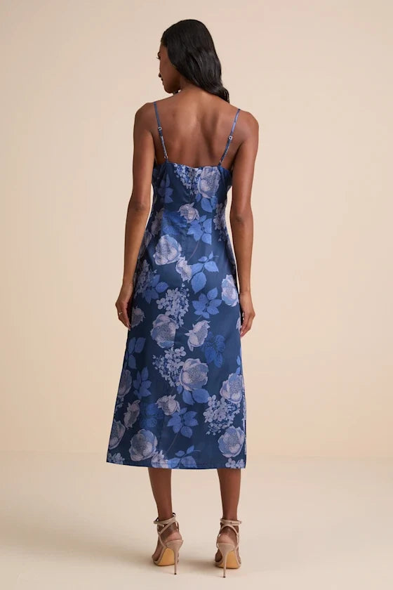 Blue A-Line Spaghetti Strap Satin Sleeveless Midi Prom Dress - Chloe Dress
