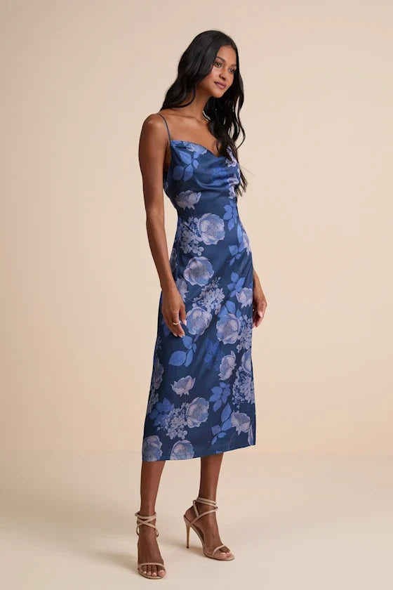 Blue A-Line Spaghetti Strap Satin Sleeveless Midi Prom Dress - Chloe Dress