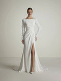 Mermaid High Neck Long Sleeve Open Back High Slit Floor-Length Wedding Dress - Chloe Dress