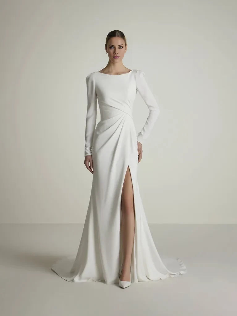 Mermaid High Neck Long Sleeve Open Back High Slit Floor-Length Wedding Dress - Chloe Dress