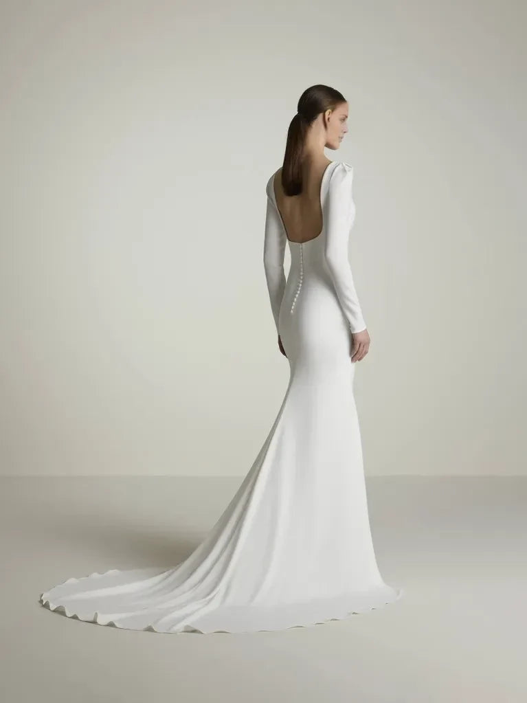 Mermaid High Neck Long Sleeve Open Back High Slit Floor-Length Wedding Dress - Chloe Dress