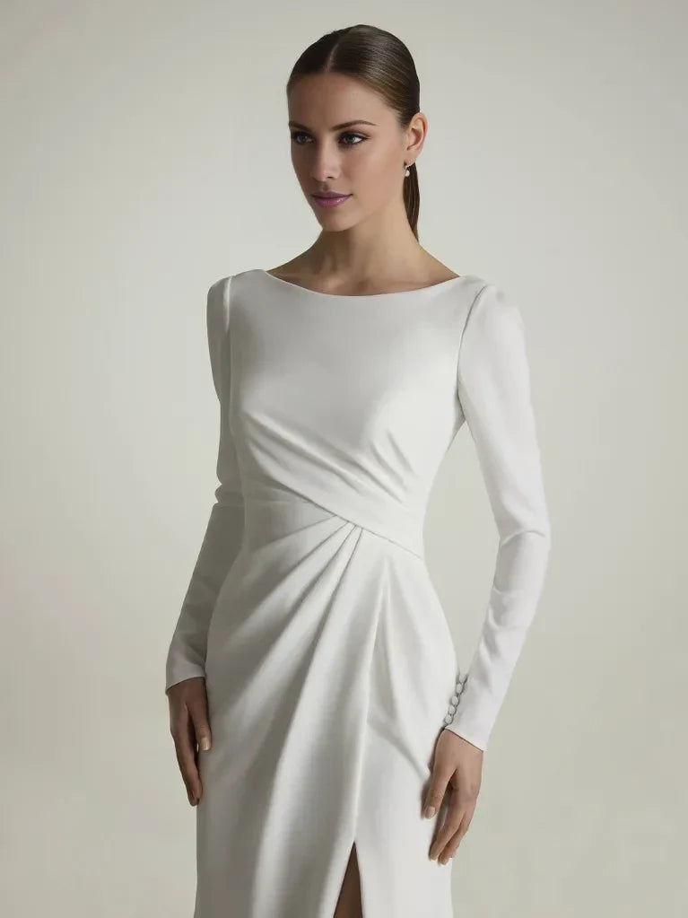 Mermaid High Neck Long Sleeve Open Back High Slit Floor-Length Wedding Dress - Chloe Dress