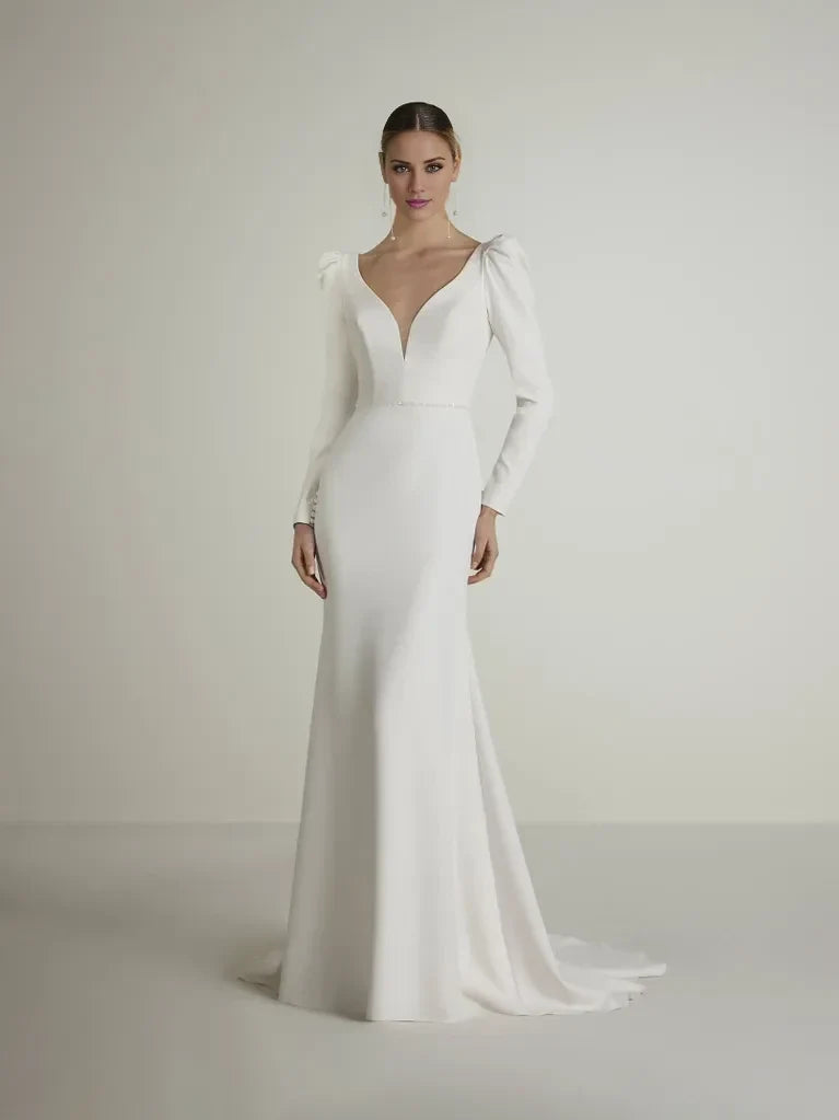 Mermaid V-Neck Puff Sleeve Open Back Floor-Length Wedding Dress - Chloe Dress