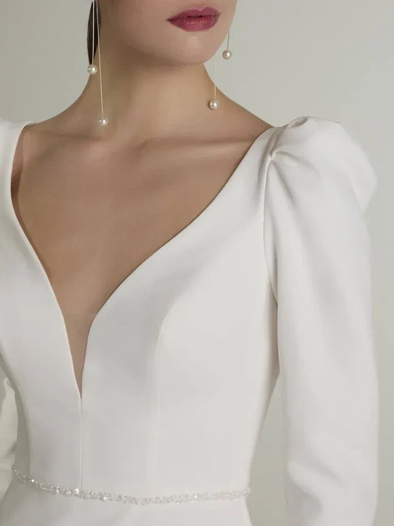 Mermaid V-Neck Puff Sleeve Open Back Floor-Length Wedding Dress - Chloe Dress