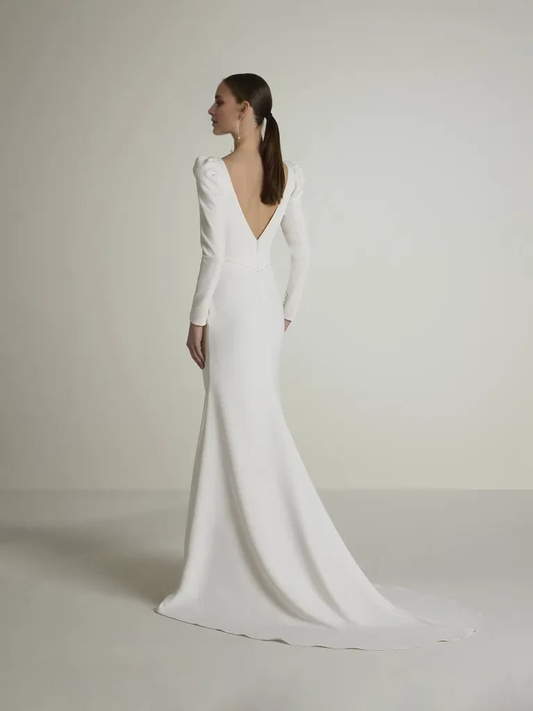 Mermaid V-Neck Puff Sleeve Open Back Floor-Length Wedding Dress - Chloe Dress