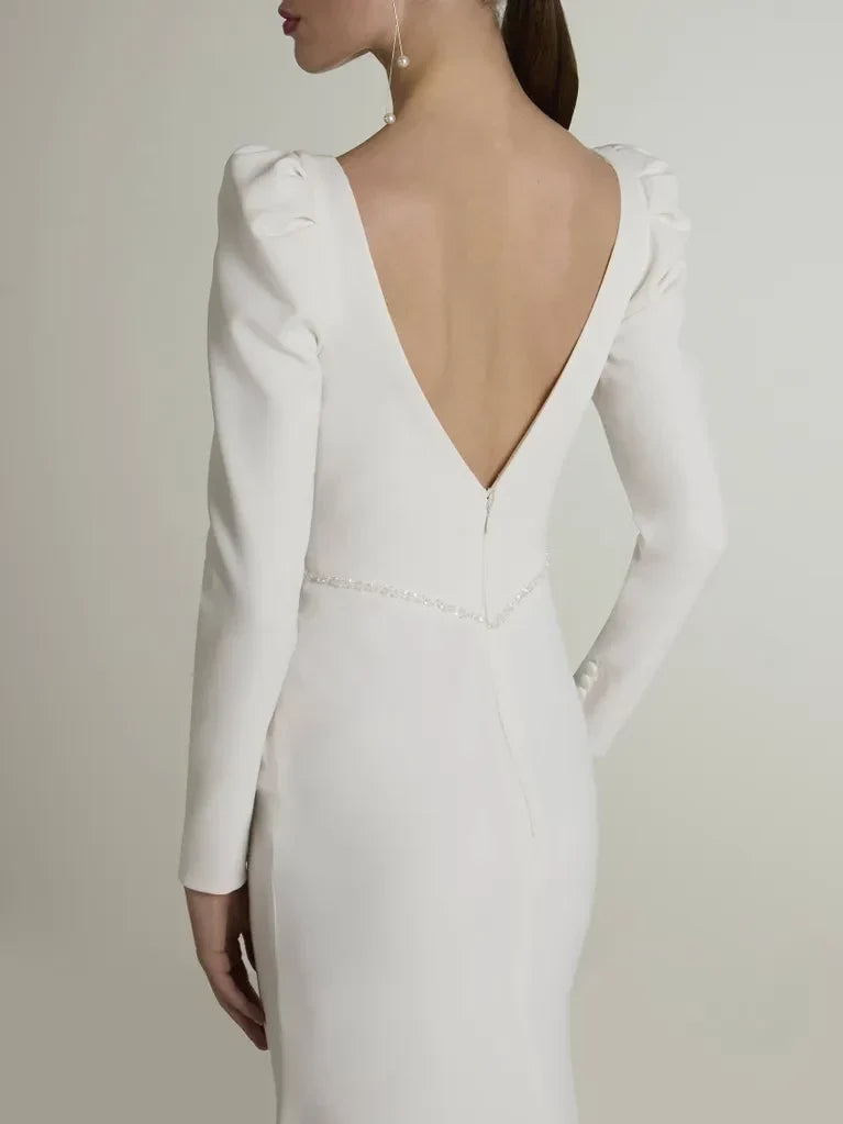 Mermaid V-Neck Puff Sleeve Open Back Floor-Length Wedding Dress - Chloe Dress