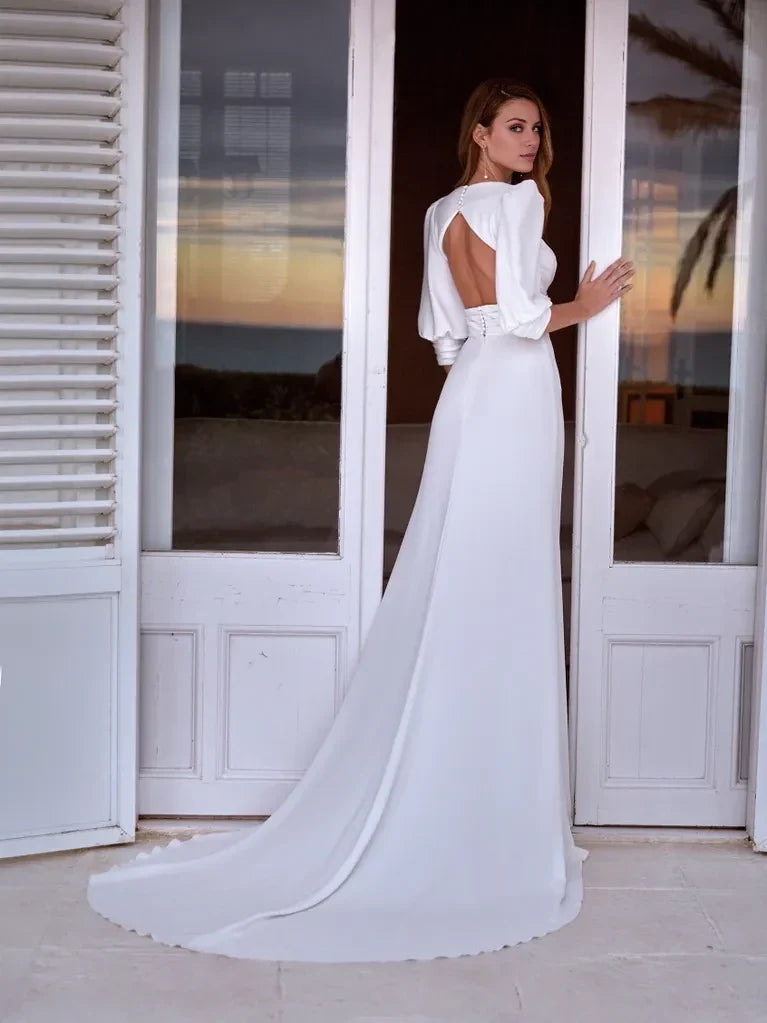 Mermaid V-Neck Puff Sleeve Open Back Floor-Length Wedding Dress - Chloe Dress