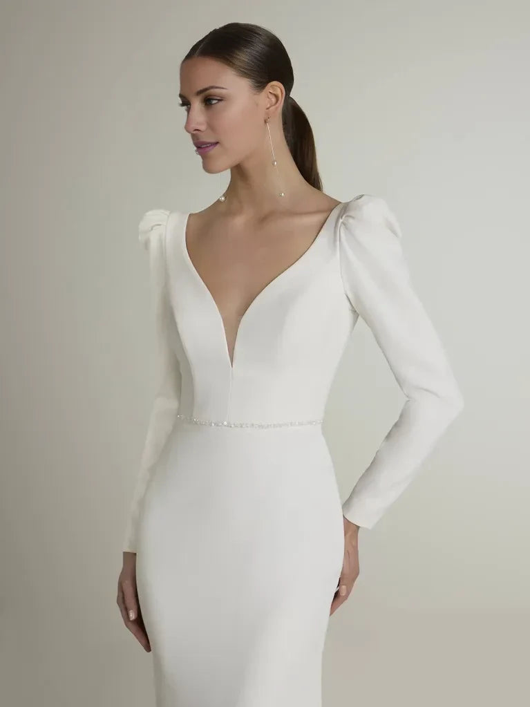 Mermaid V-Neck Puff Sleeve Open Back Floor-Length Wedding Dress - Chloe Dress