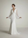Mermaid V-Neck Bishop Sleeve Open Back Floor-Length Wedding Dress - Chloe Dress