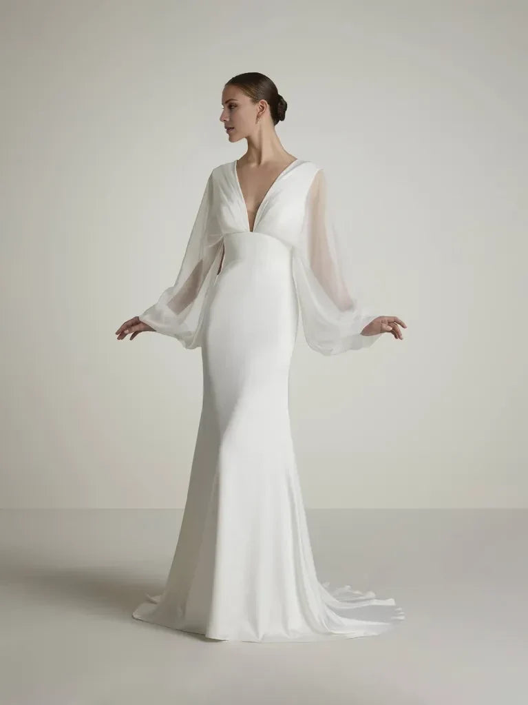 Mermaid V-Neck Bishop Sleeve Open Back Floor-Length Wedding Dress - Chloe Dress