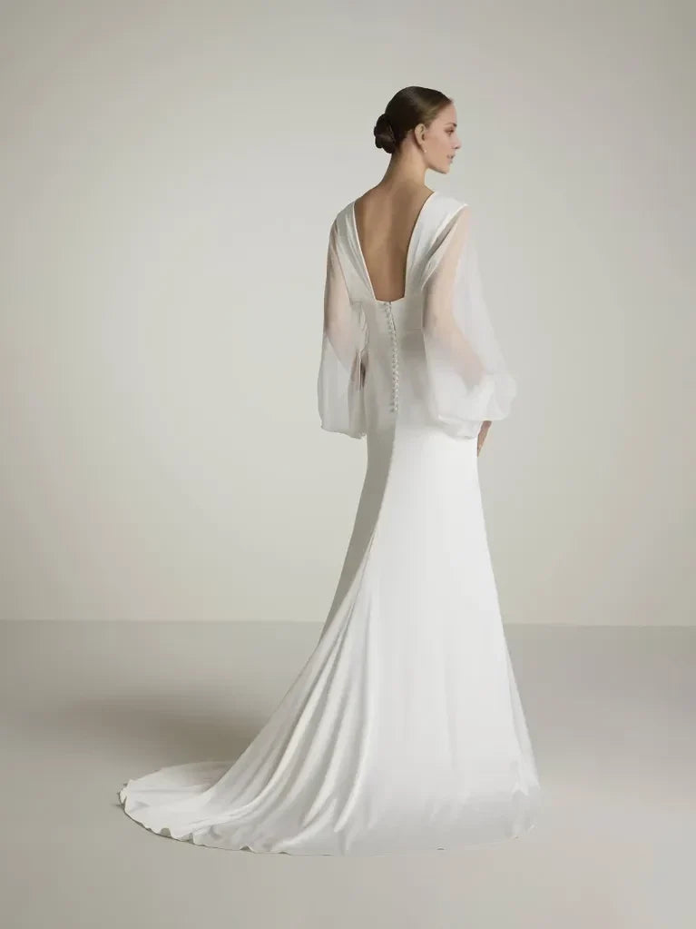 Mermaid V-Neck Bishop Sleeve Open Back Floor-Length Wedding Dress - Chloe Dress