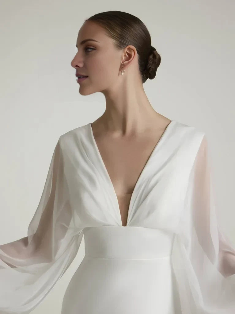 Mermaid V-Neck Bishop Sleeve Open Back Floor-Length Wedding Dress - Chloe Dress