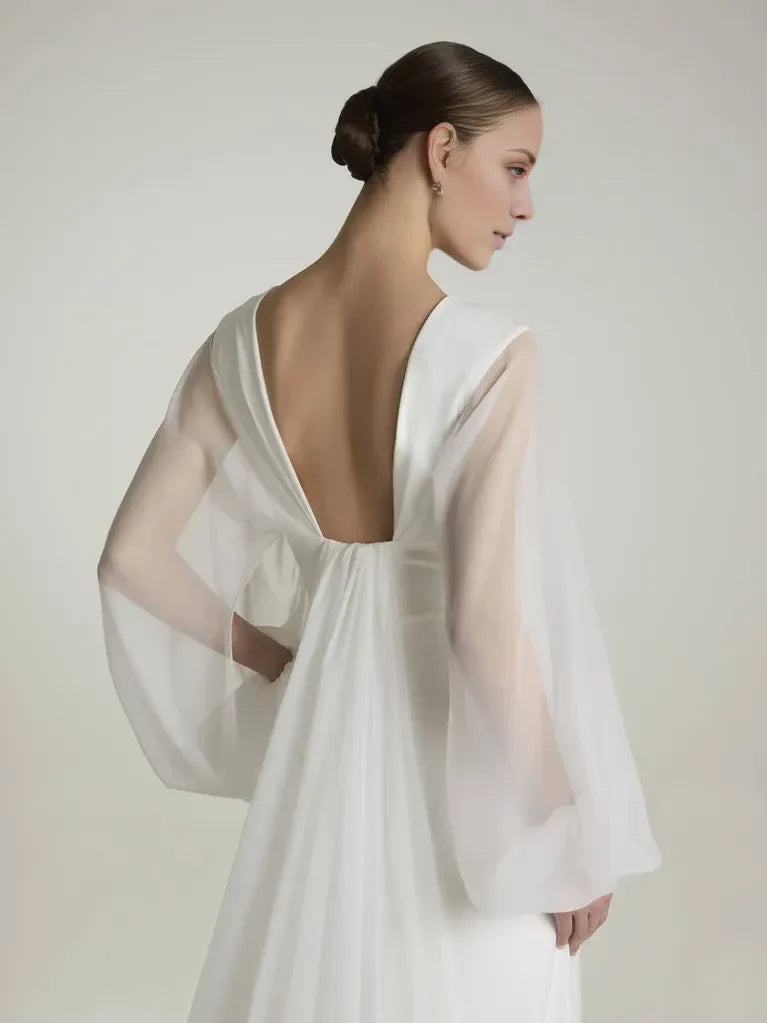 Mermaid V-Neck Bishop Sleeve Open Back Floor-Length Wedding Dress - Chloe Dress