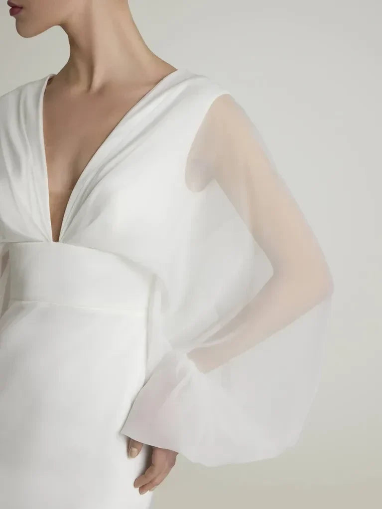 Mermaid V-Neck Bishop Sleeve Open Back Floor-Length Wedding Dress - Chloe Dress