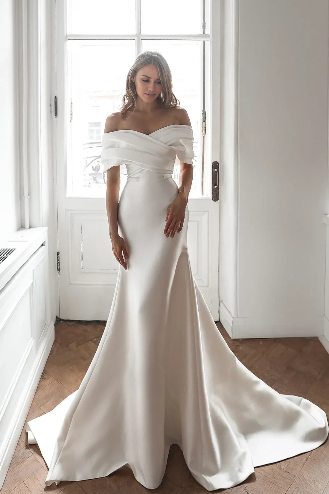 Mermaid Off-Shoulder Satin Sleeveless Lace-Up Back Floor-Length Wedding Dress - Chloe Dress