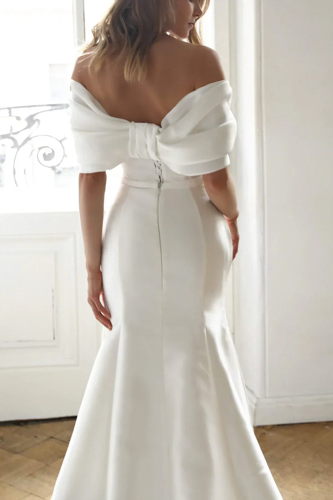 Mermaid Off-Shoulder Satin Sleeveless Lace-Up Back Floor-Length Wedding Dress - Chloe Dress