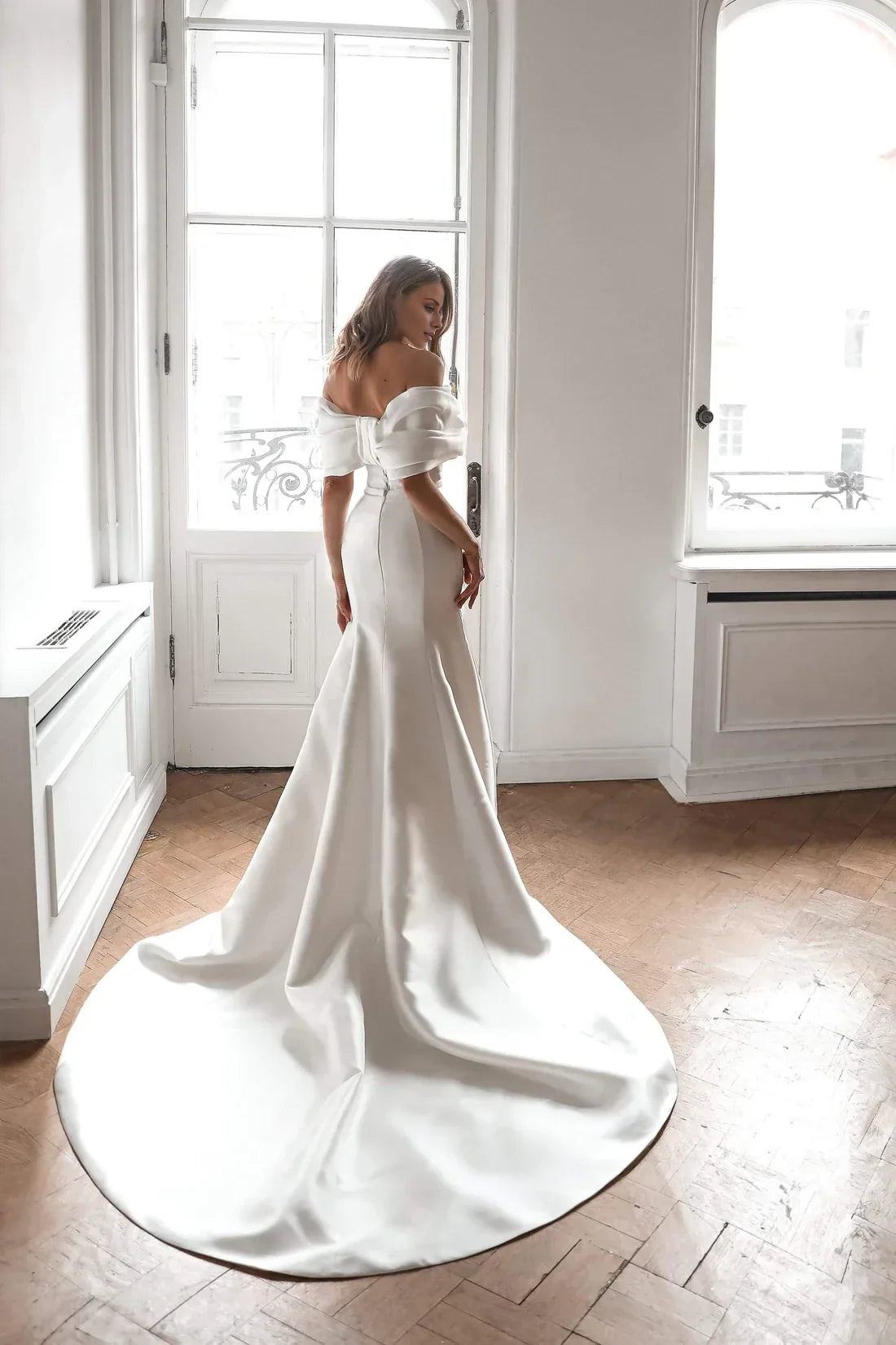 Mermaid Off-Shoulder Satin Sleeveless Lace-Up Back Floor-Length Wedding Dress - Chloe Dress